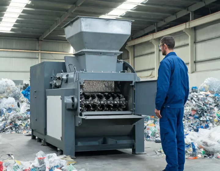 Open-rotor plastic crusher with hopper and screen access in a recycling hall